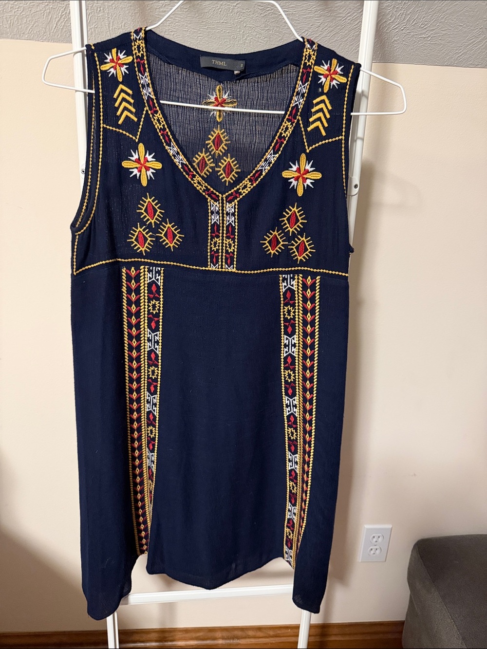 THML sleeveless navy embroidered dress - size S